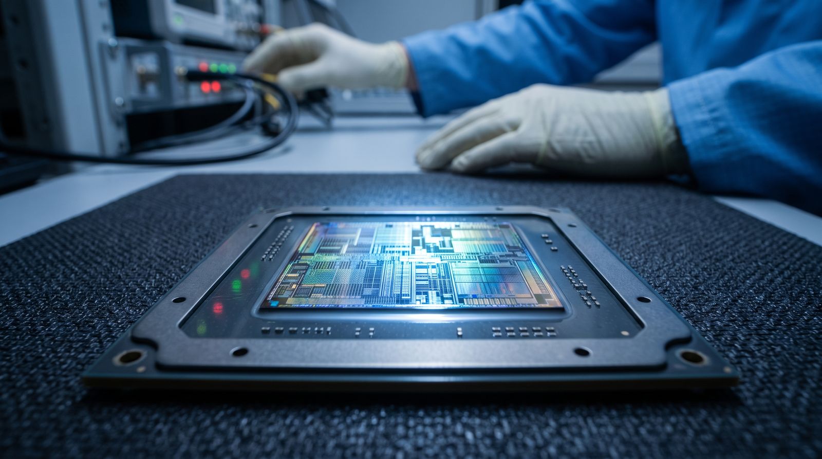 Close-up of a custom silicon processor package on a lab bench under directional light