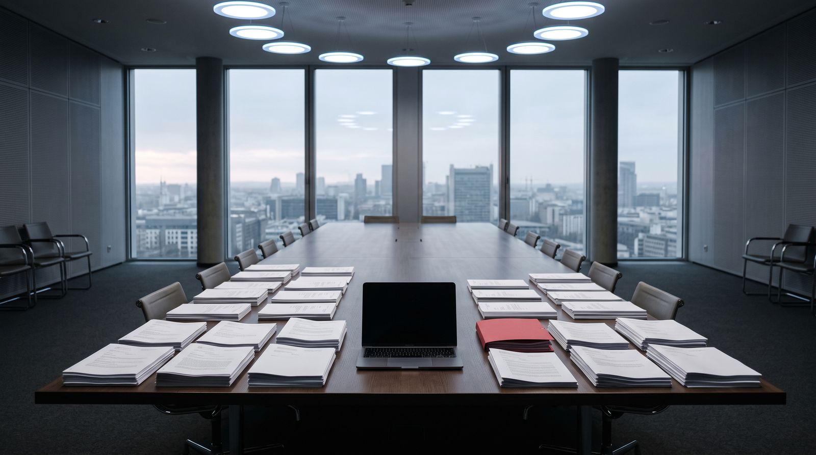 Empty institutional conference room at dawn