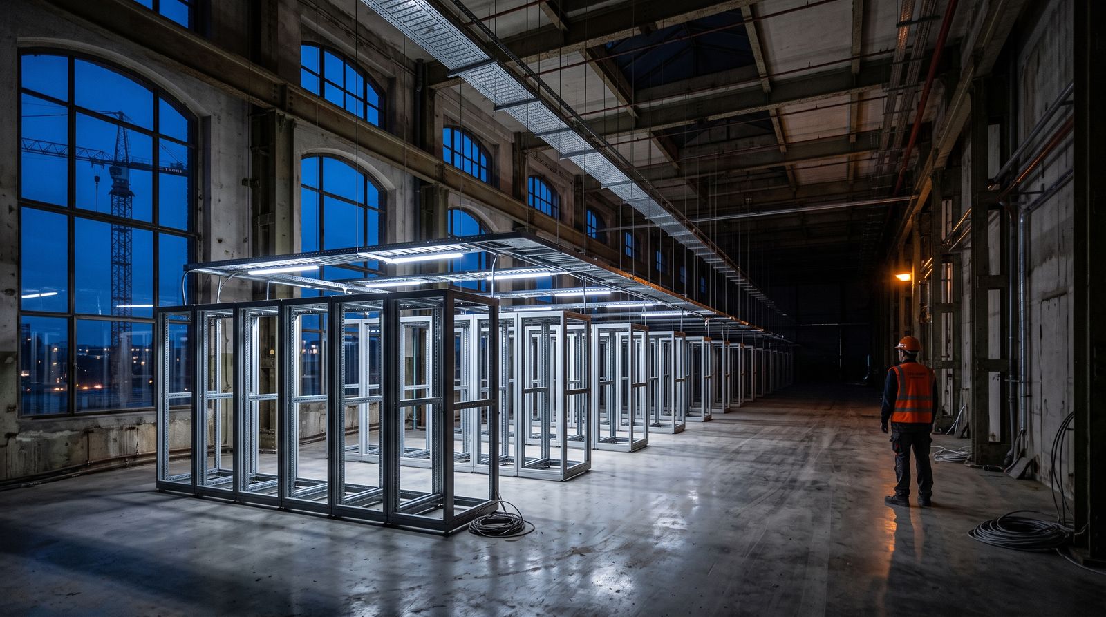 An unfinished data hall with empty server rack frames and a construction crane visible through tall windows