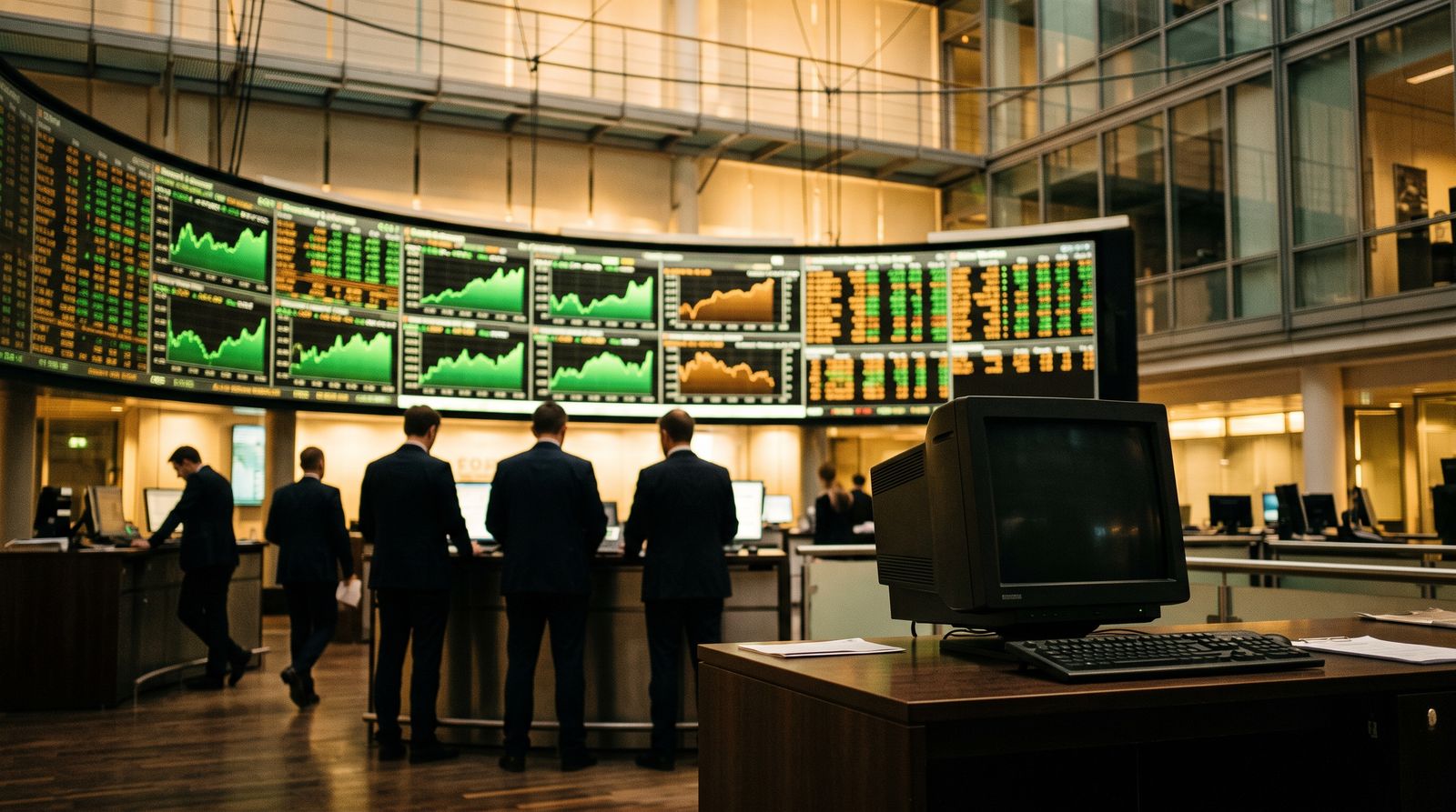 European trading floor with green rising charts while one dark terminal sits unused