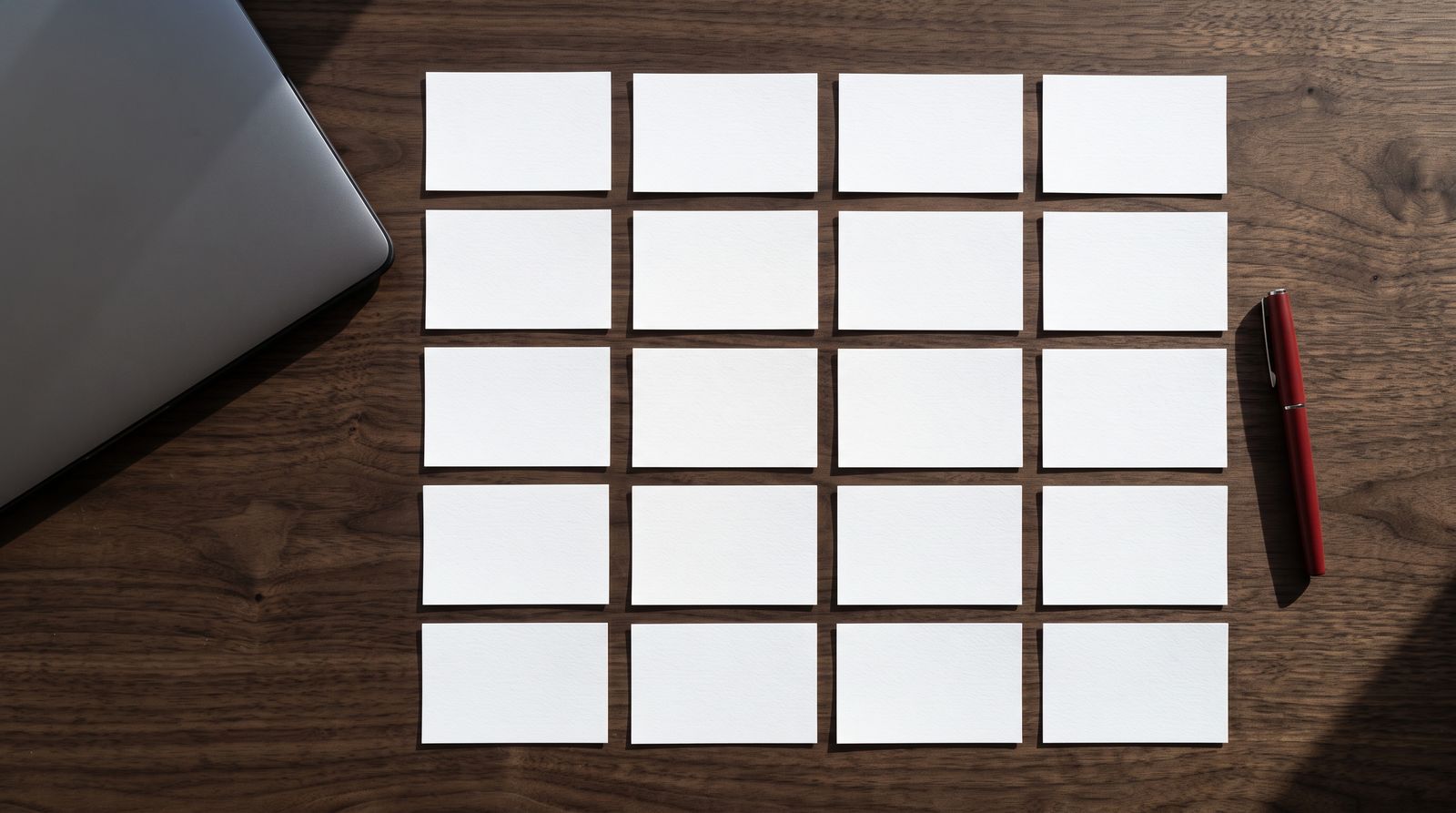 Twenty blank index cards arranged in a grid on a desk beside a laptop