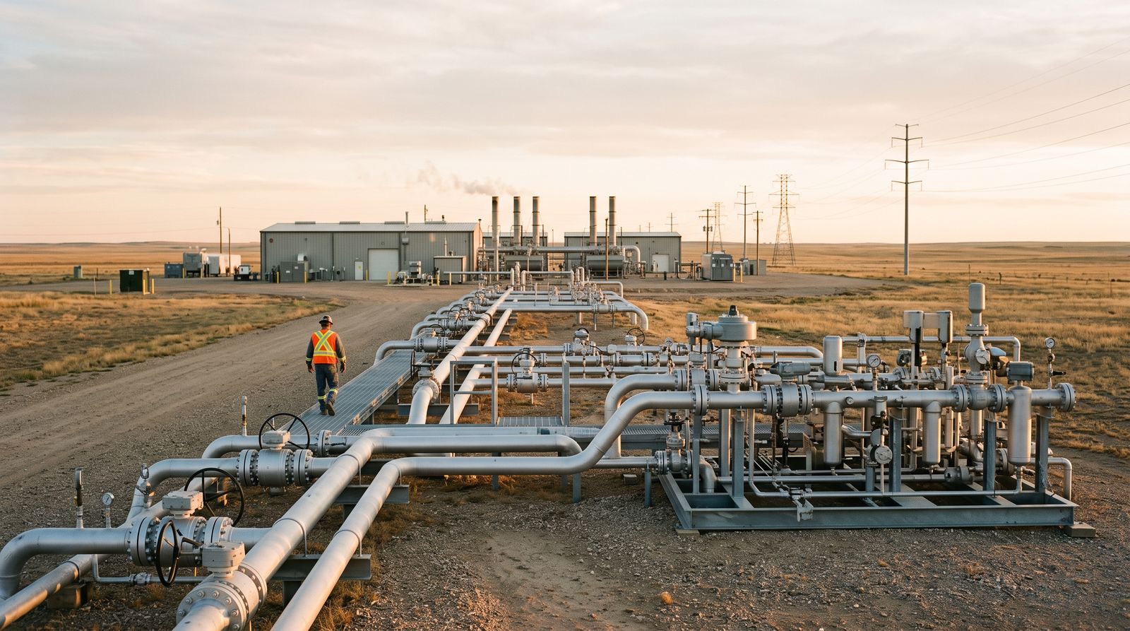 A natural gas compressor station and pipeline manifold at golden hour with an anonymous worker in the distance