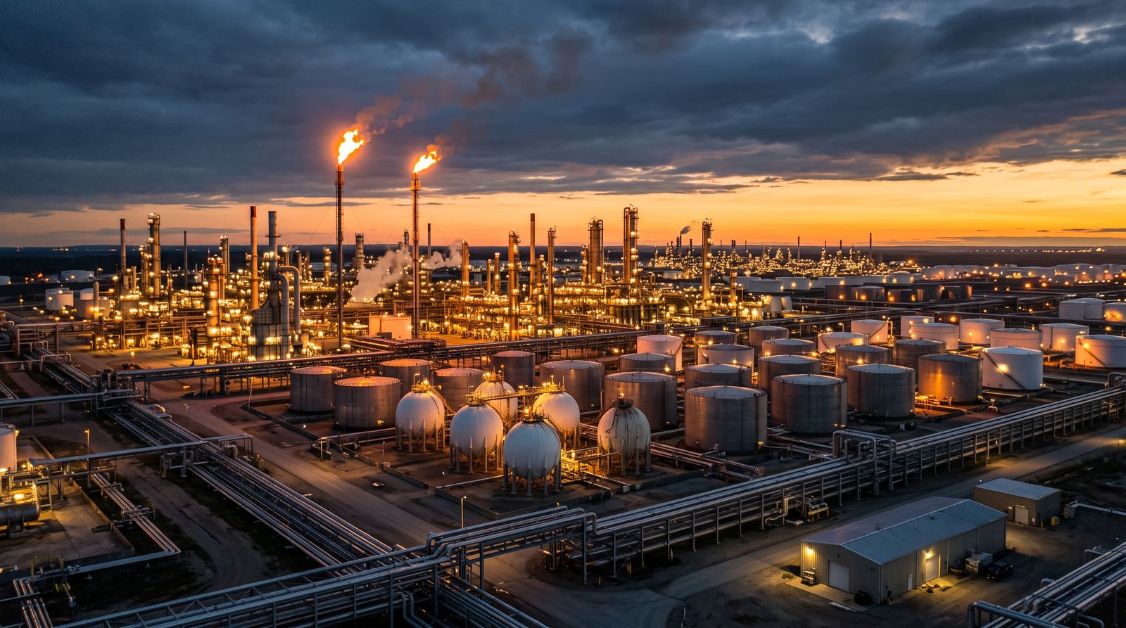 Oil refinery at dusk with glowing towers and storage tanks