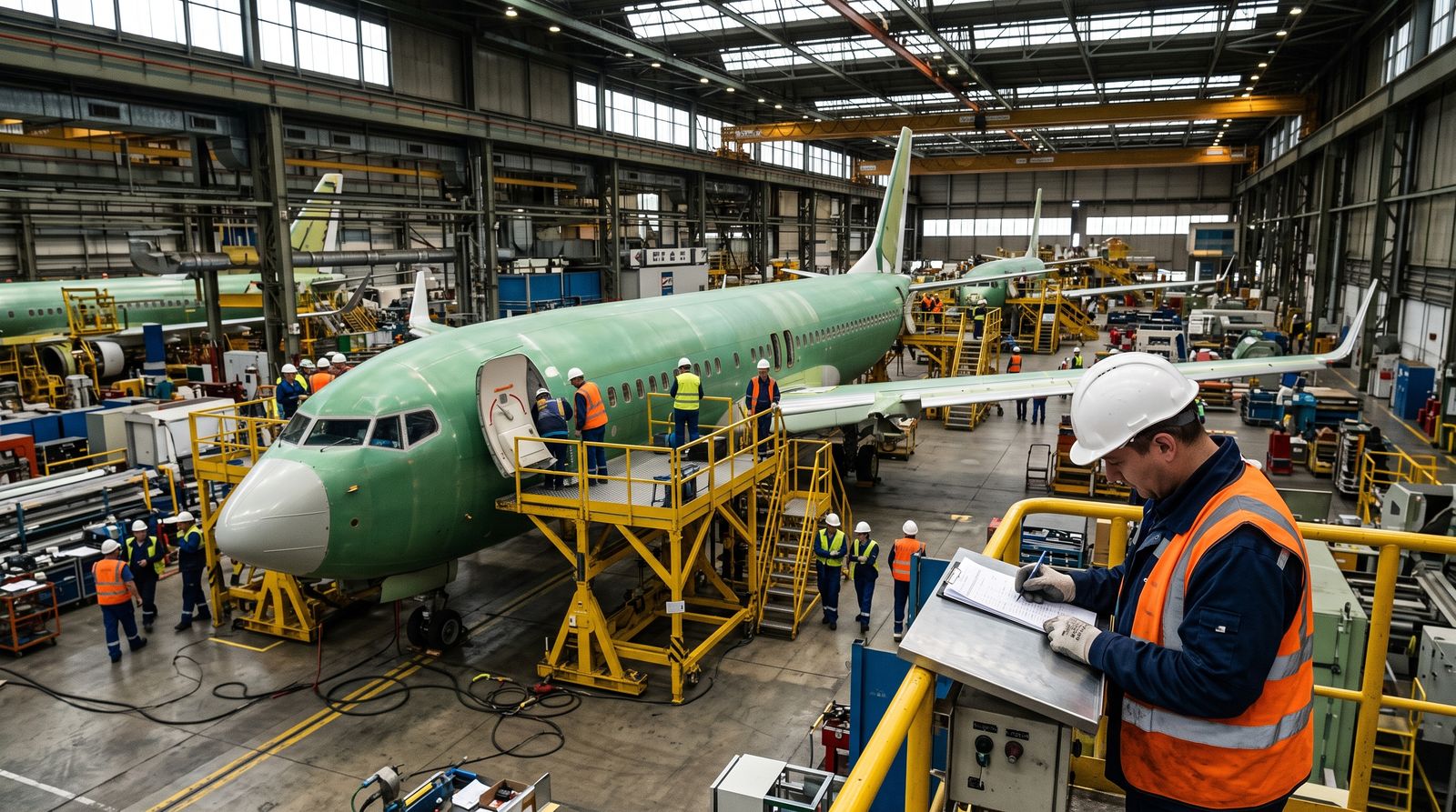Engineers inspect an unmarked commercial jet on a factory floor as one signs paperwork