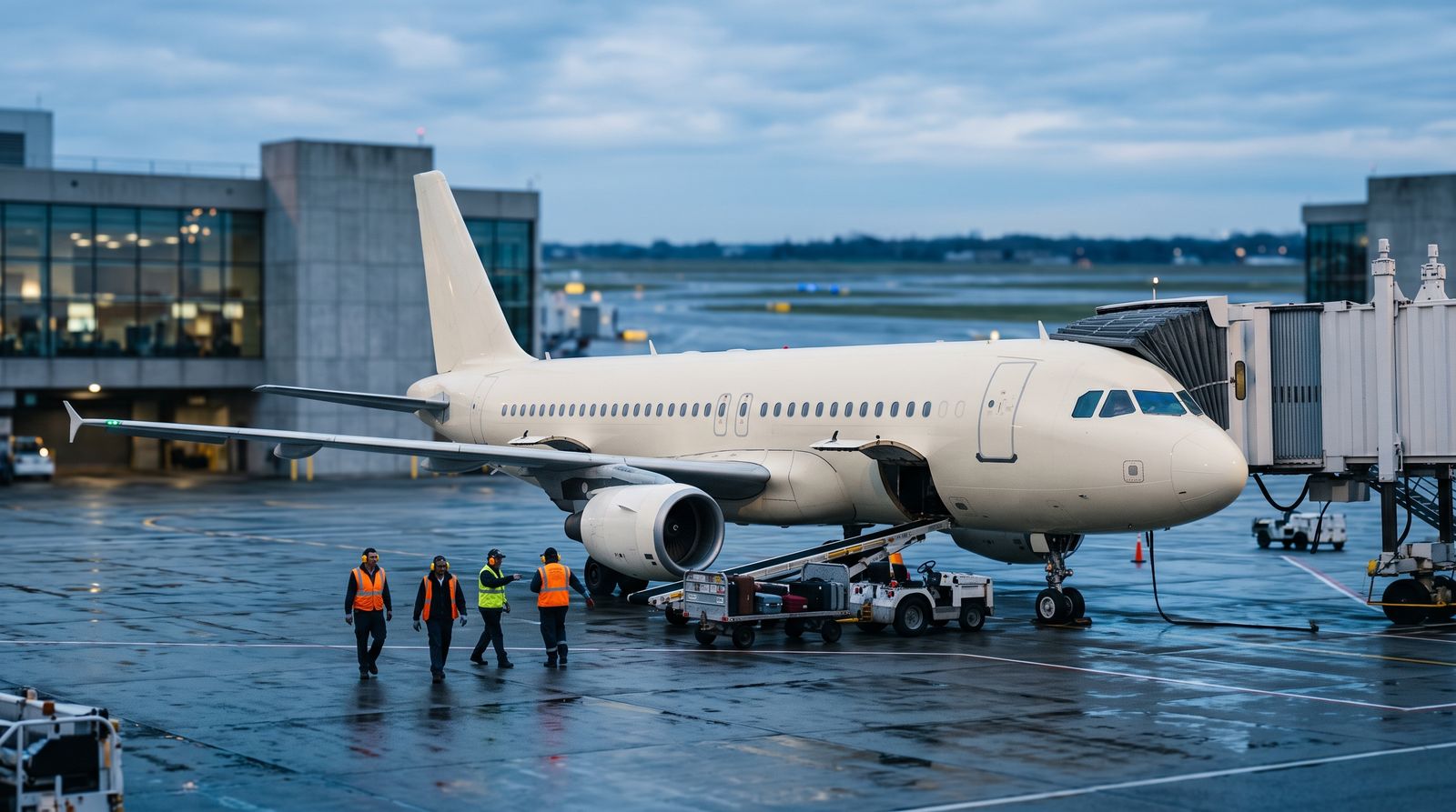 An unmarked single-aisle jet at an airport gate at dawn with ground crew working beneath the wing