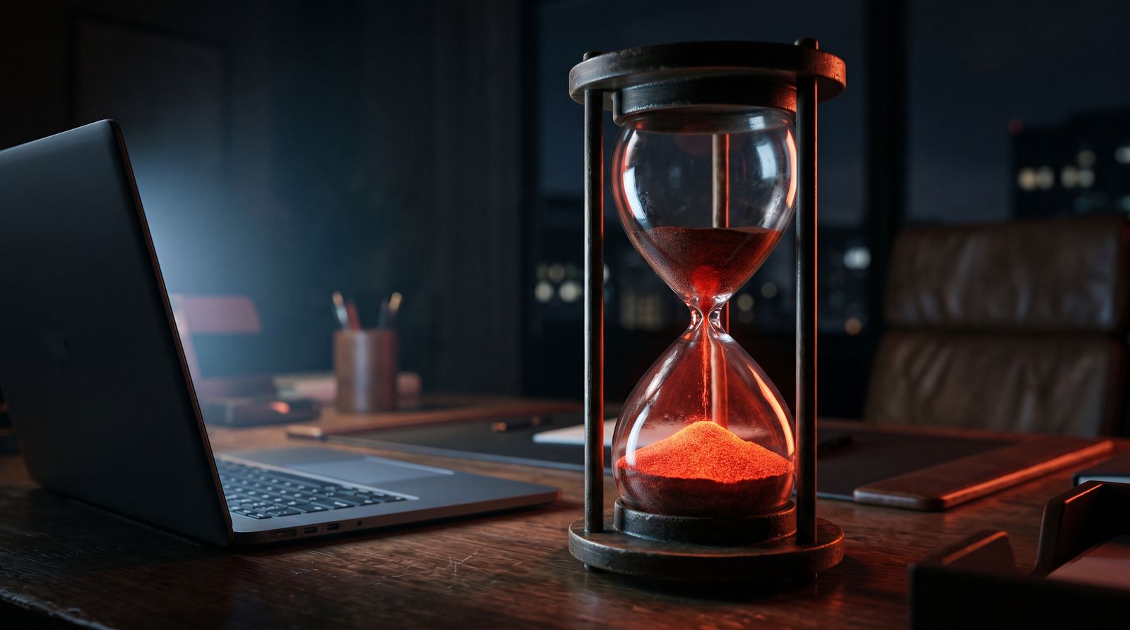 Hourglass with red sand nearly run out beside a glowing laptop in a dark office