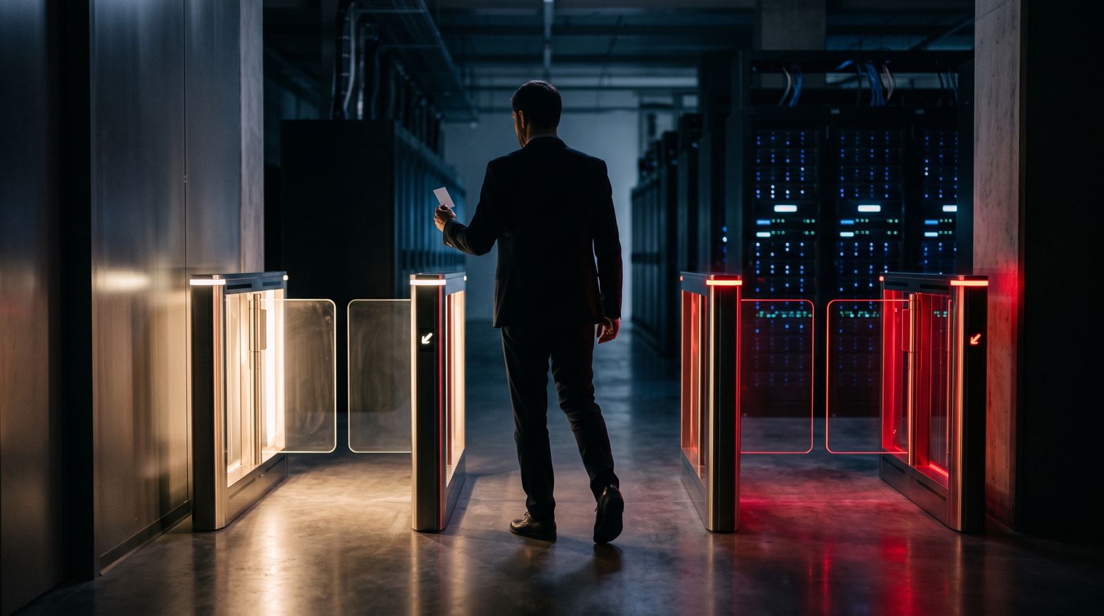 Two data center access gates, one open glowing white, one closed glowing red