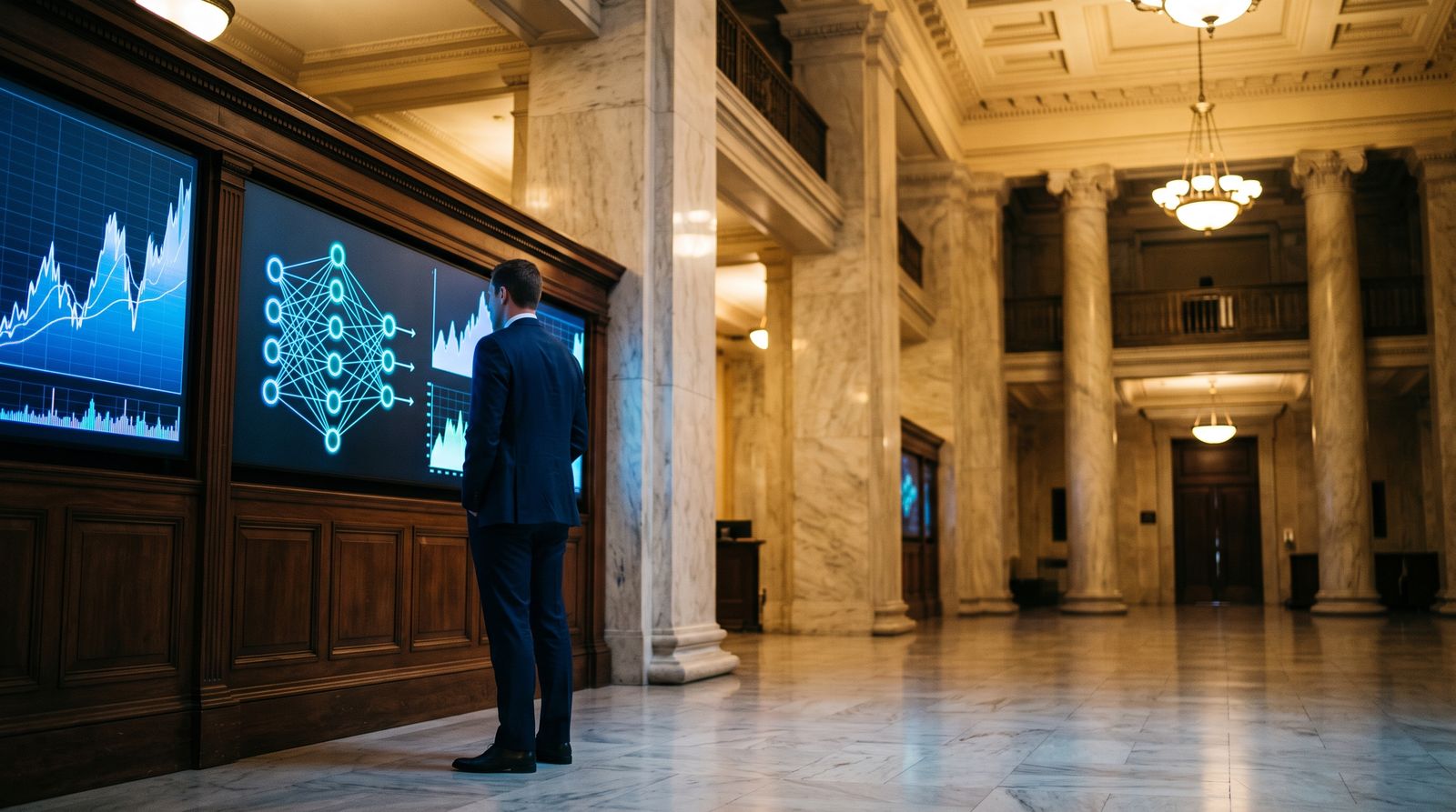 An analyst studies glowing productivity charts and a neural-network graphic on screens inside a marble institutional hall.