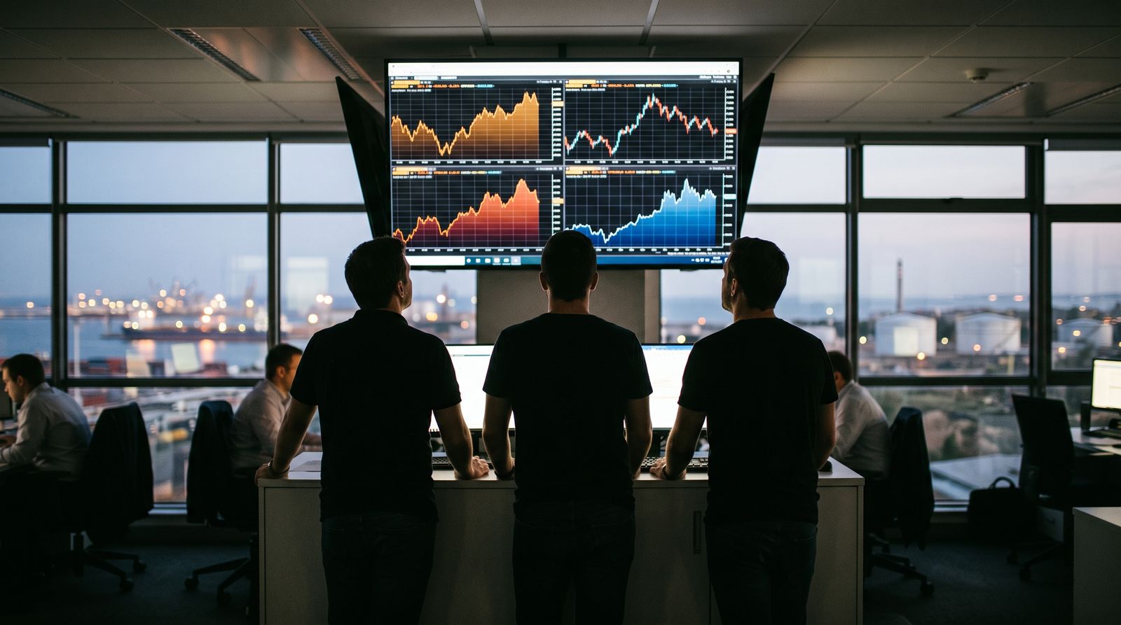Anonymous traders watching market screens on a darkened trading floor at dusk