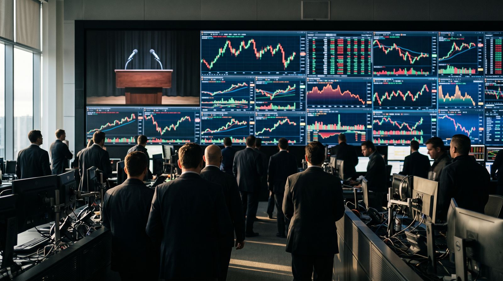 Traders on a trading floor watching a wall of market screens beside a broadcast feed of an empty press-conference lectern