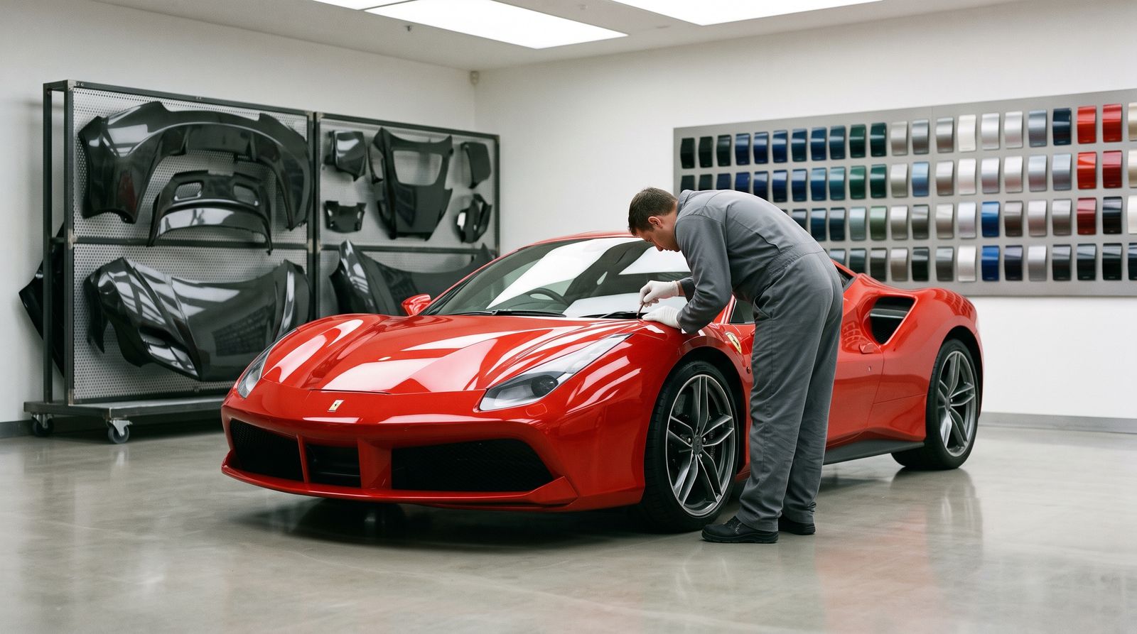 Technician hand-finishing a red sports car in a bright workshop beside carbon fibre panels and paint samples