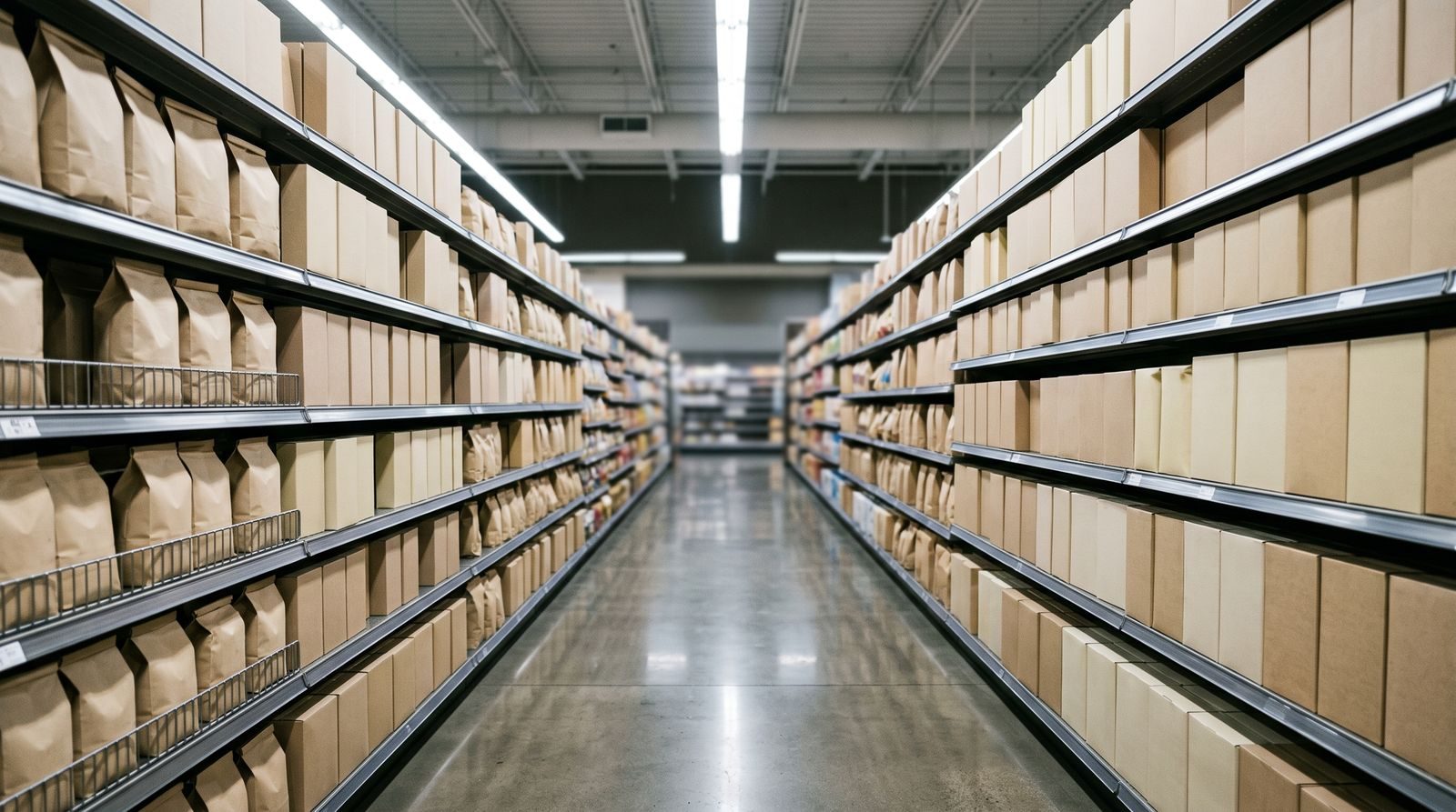 A supermarket breakfast aisle lined with unbranded packages