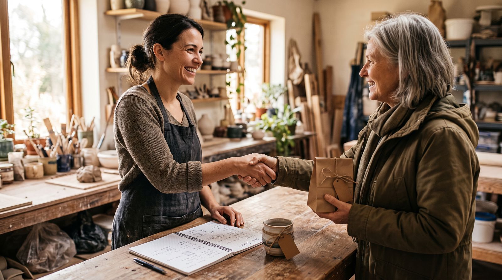 A small-business founder shaking hands with their first customer across a counter