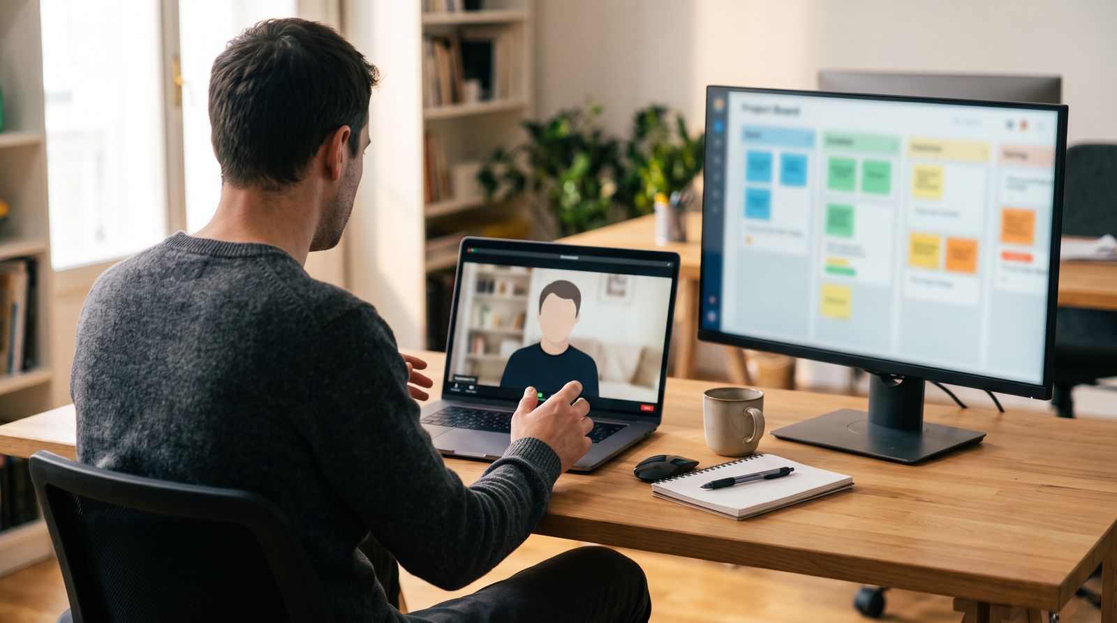 Business owner on a video call with a remote assistant beside a blurred task board