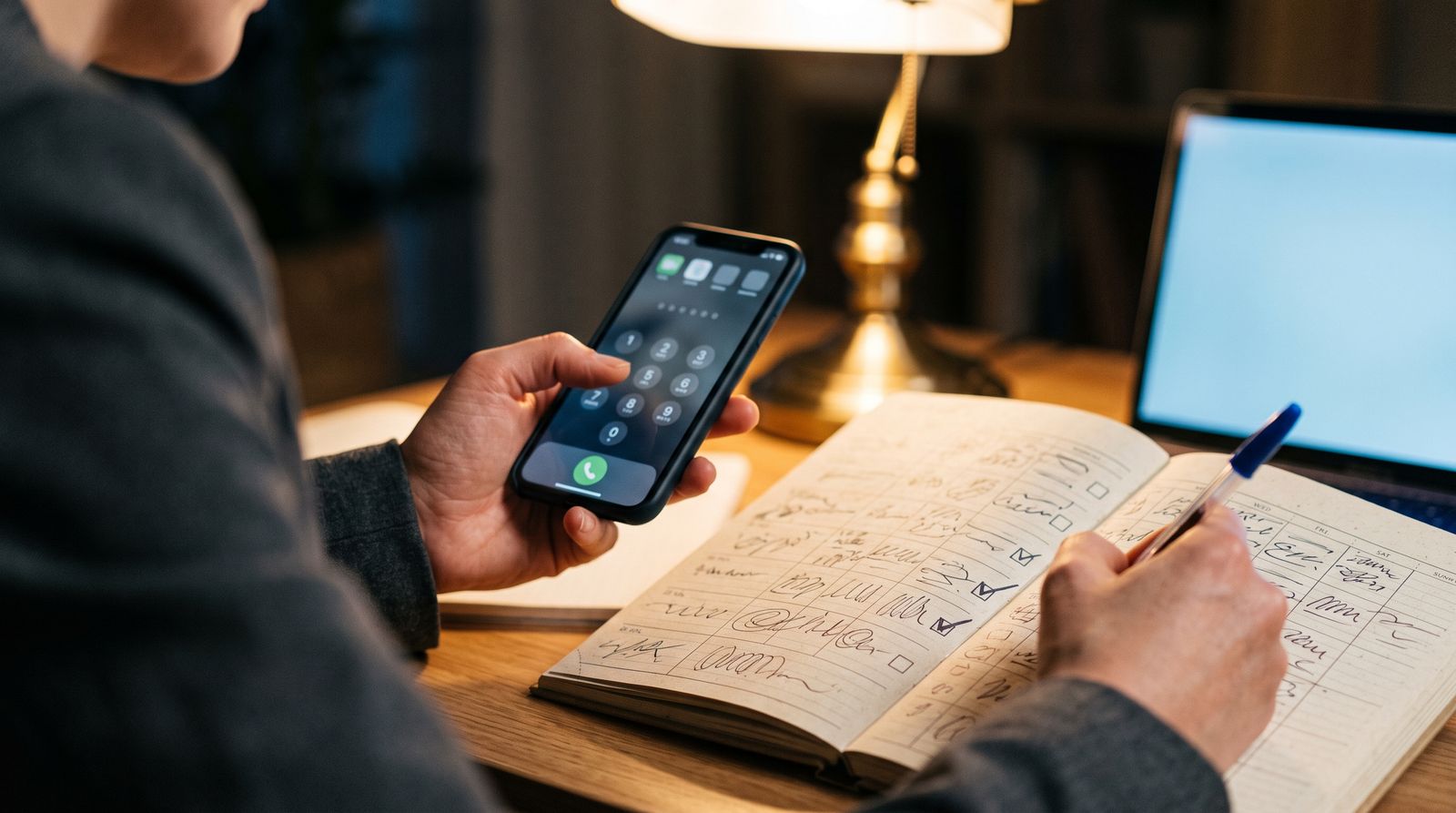 Hands dialing a phone beside a paper follow-up tracker in warm light