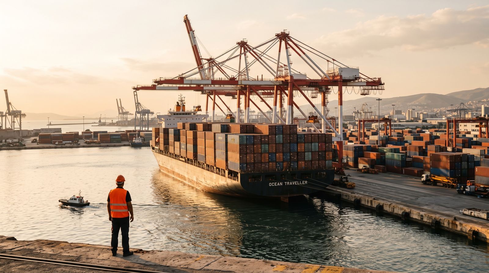 Container port at golden hour with gantry cranes and stacked shipping containers
