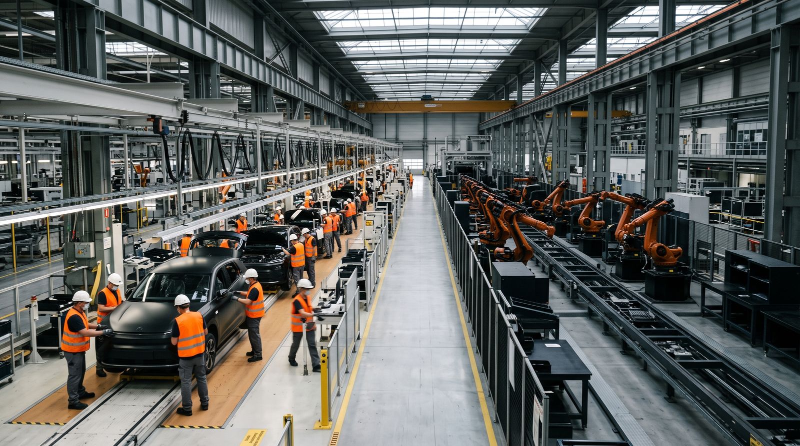 A European car assembly plant with one line running and the line beside it standing idle