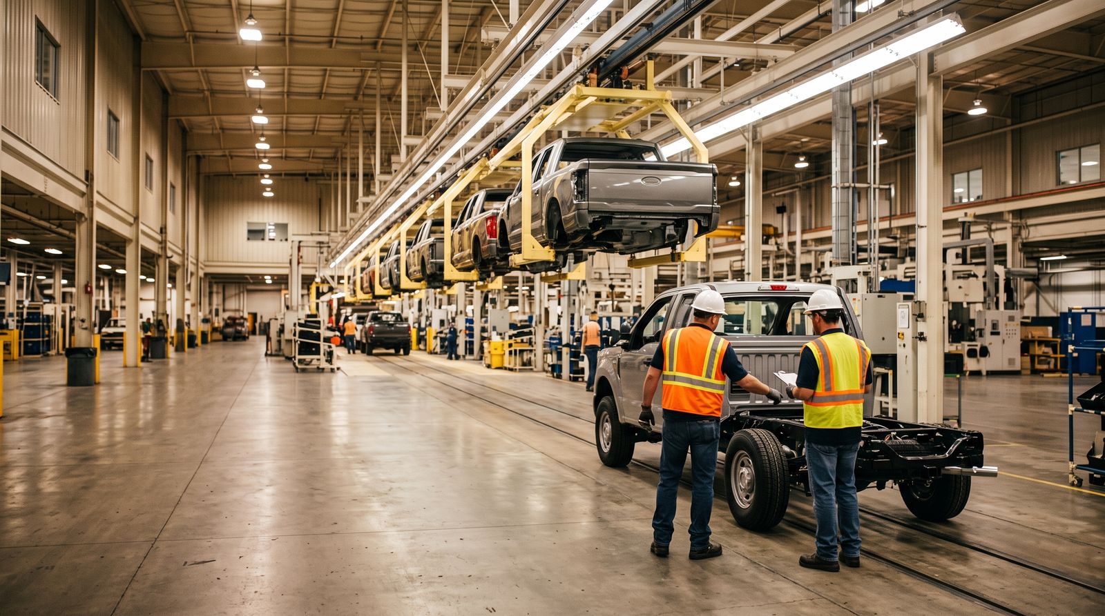 Truck bodies on an overhead conveyor in a bright automotive assembly plant with two workers inspecting a chassis