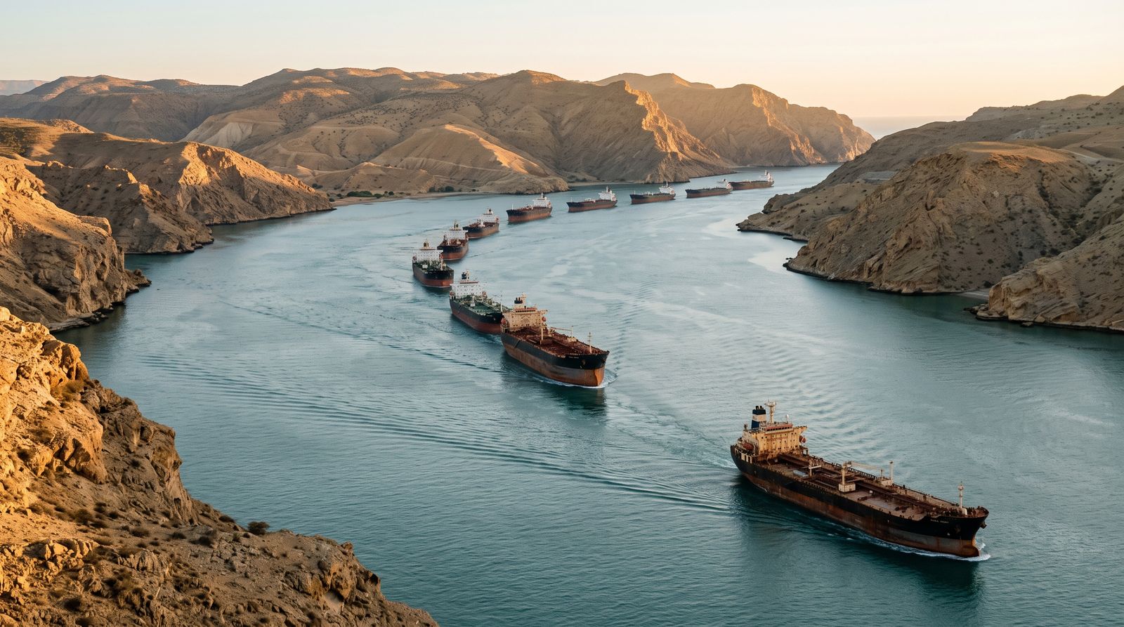 Oil tankers moving through a narrow strait at dawn