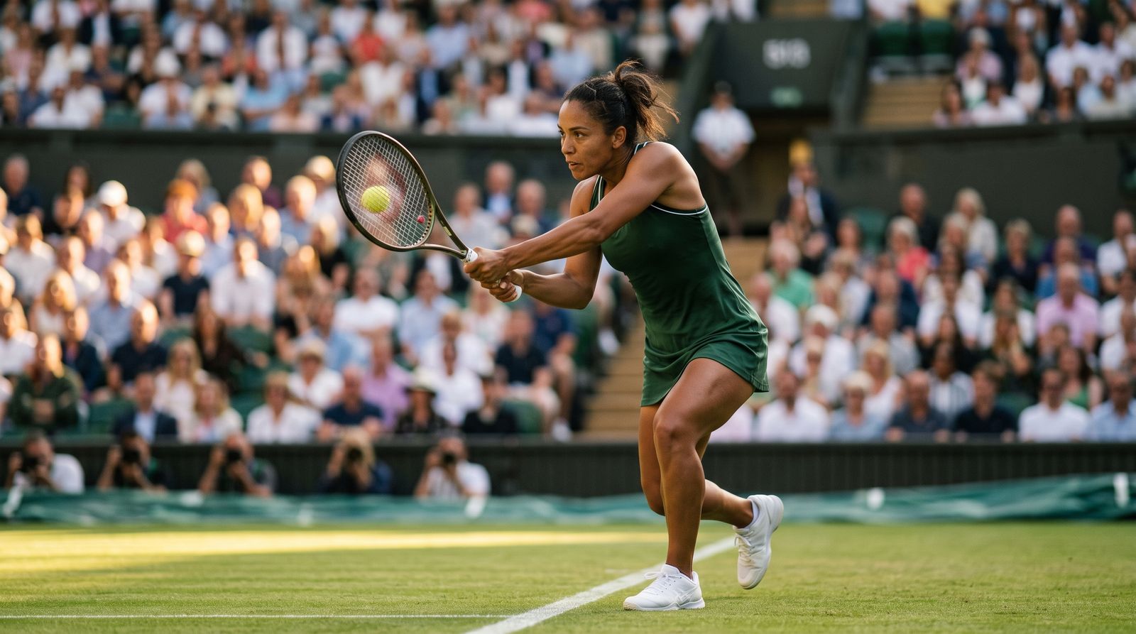 A female tennis player striking a two-handed backhand on a green grass court in warm afternoon light.