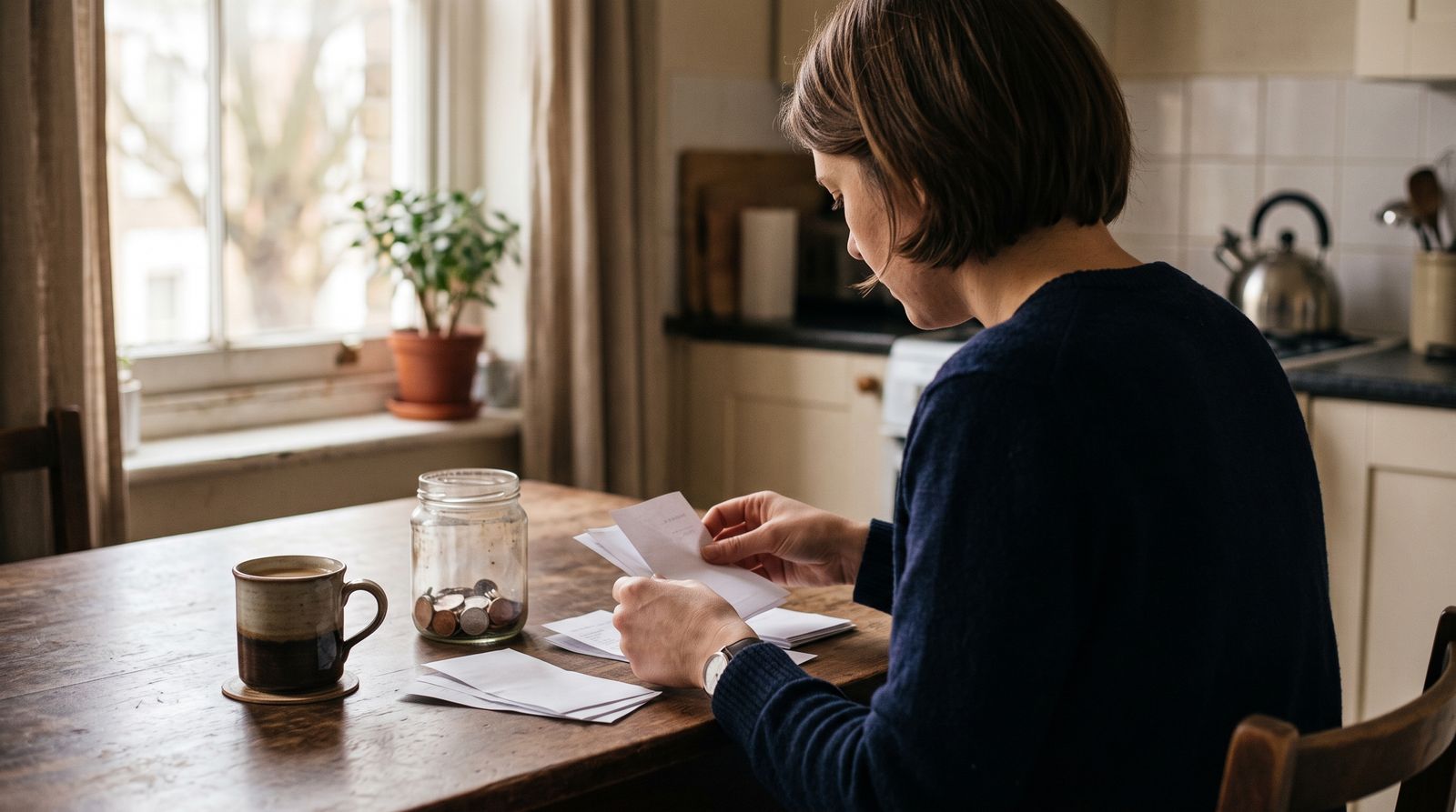Anonymous person sorting household paper statements at a kitchen table beside a nearly empty coin jar