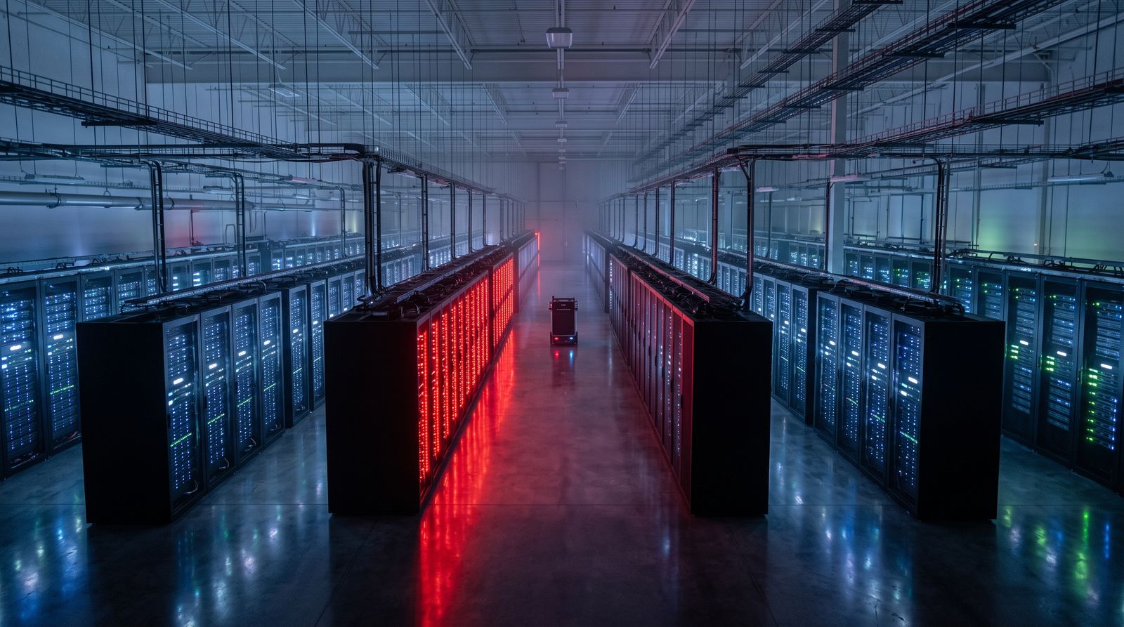 Rows of illuminated server racks receding down the aisle of a modern data center