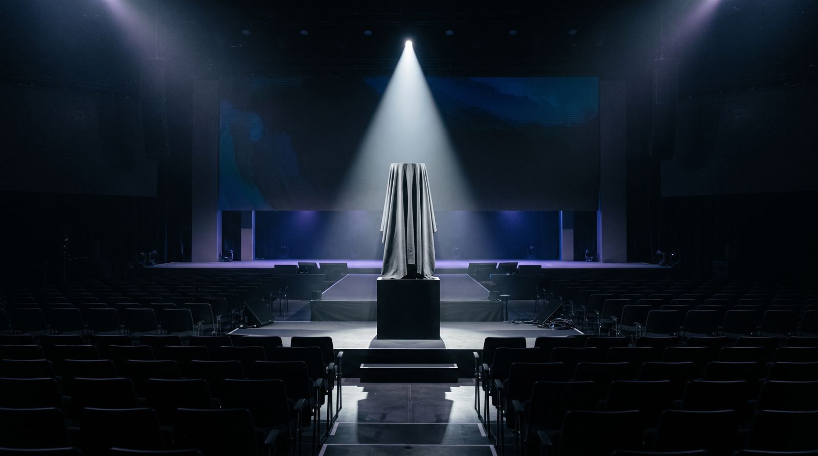 A covered object under a spotlight on an empty keynote stage