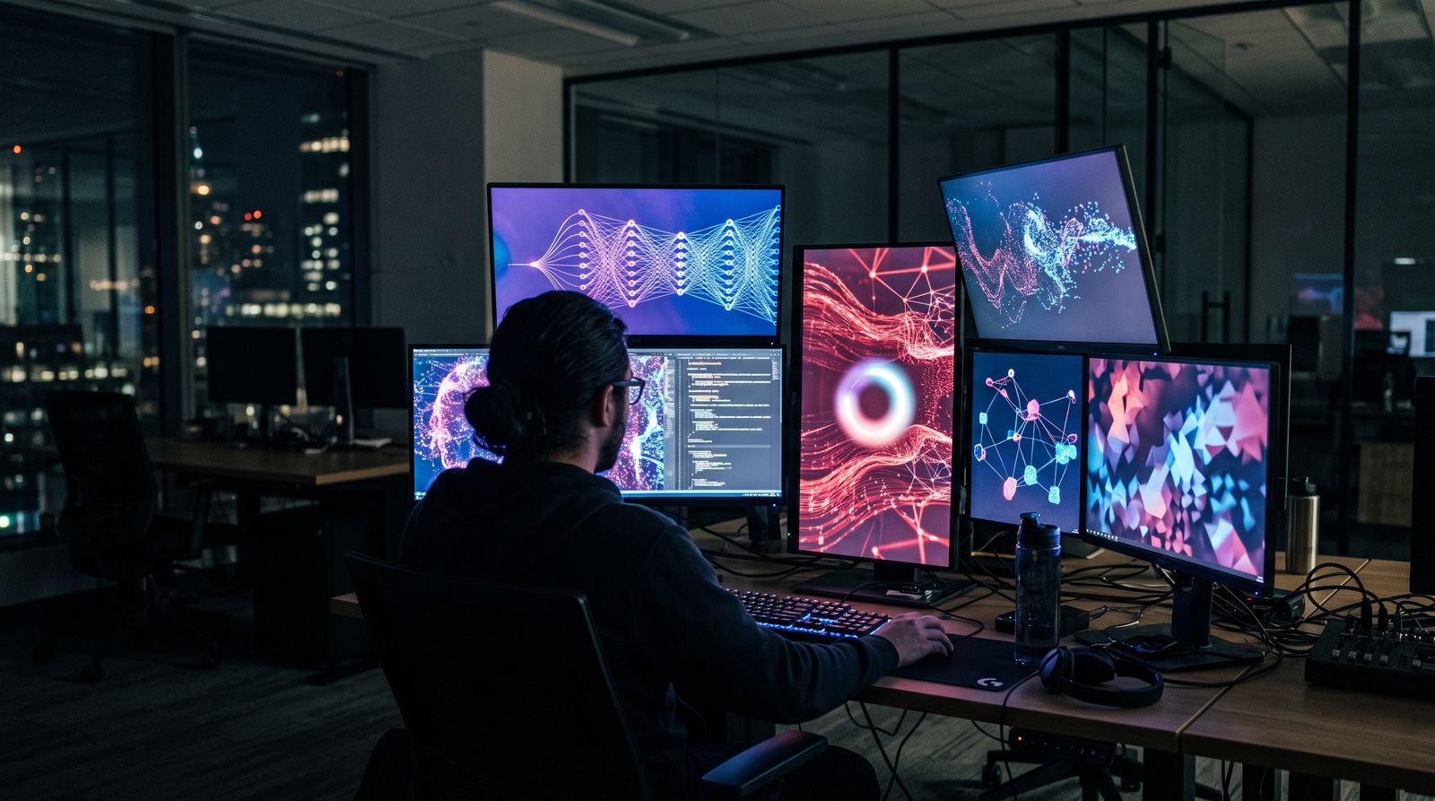 A software engineer silhouetted against glowing monitors showing abstract AI data visualizations, evoking an AI model held in preview