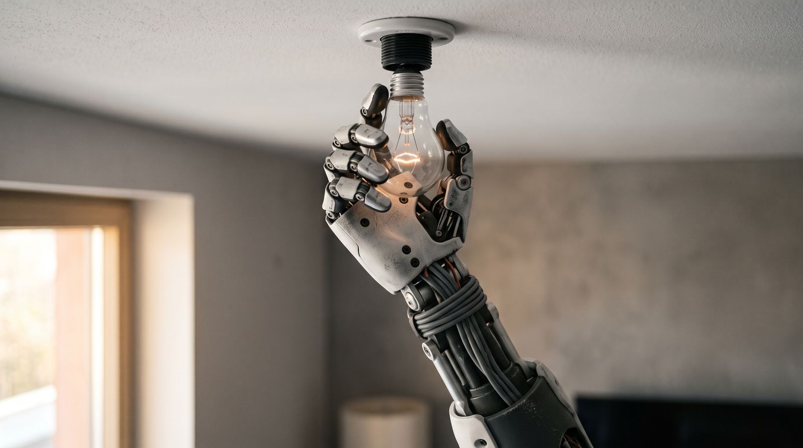 A humanoid robot hand threading a light bulb into a ceiling socket