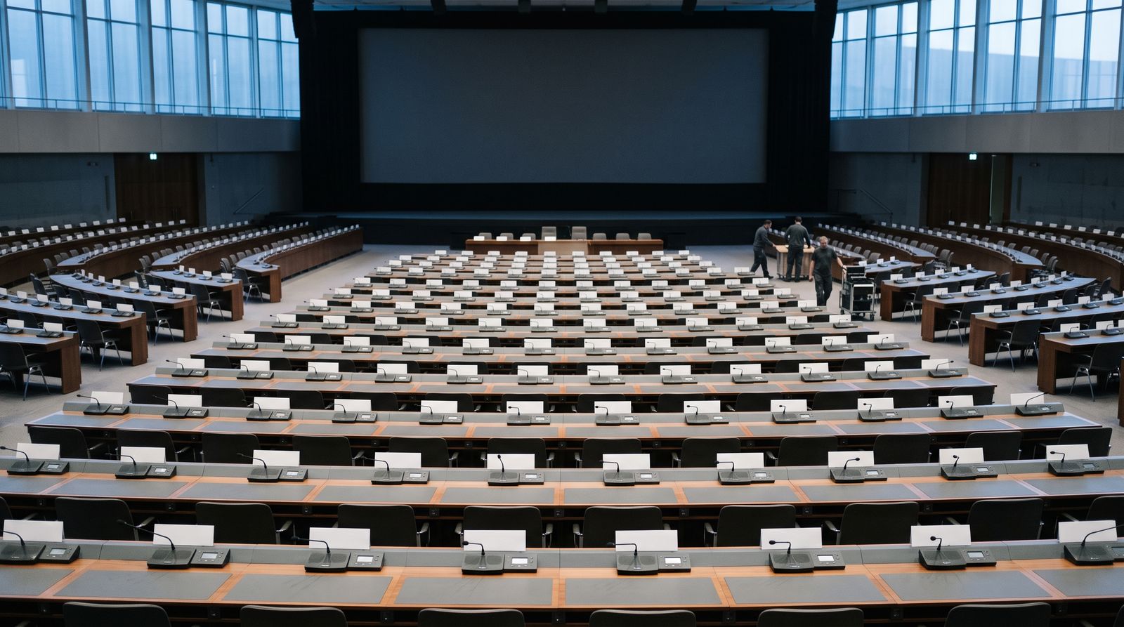 Empty international assembly hall prepared for a global AI governance summit