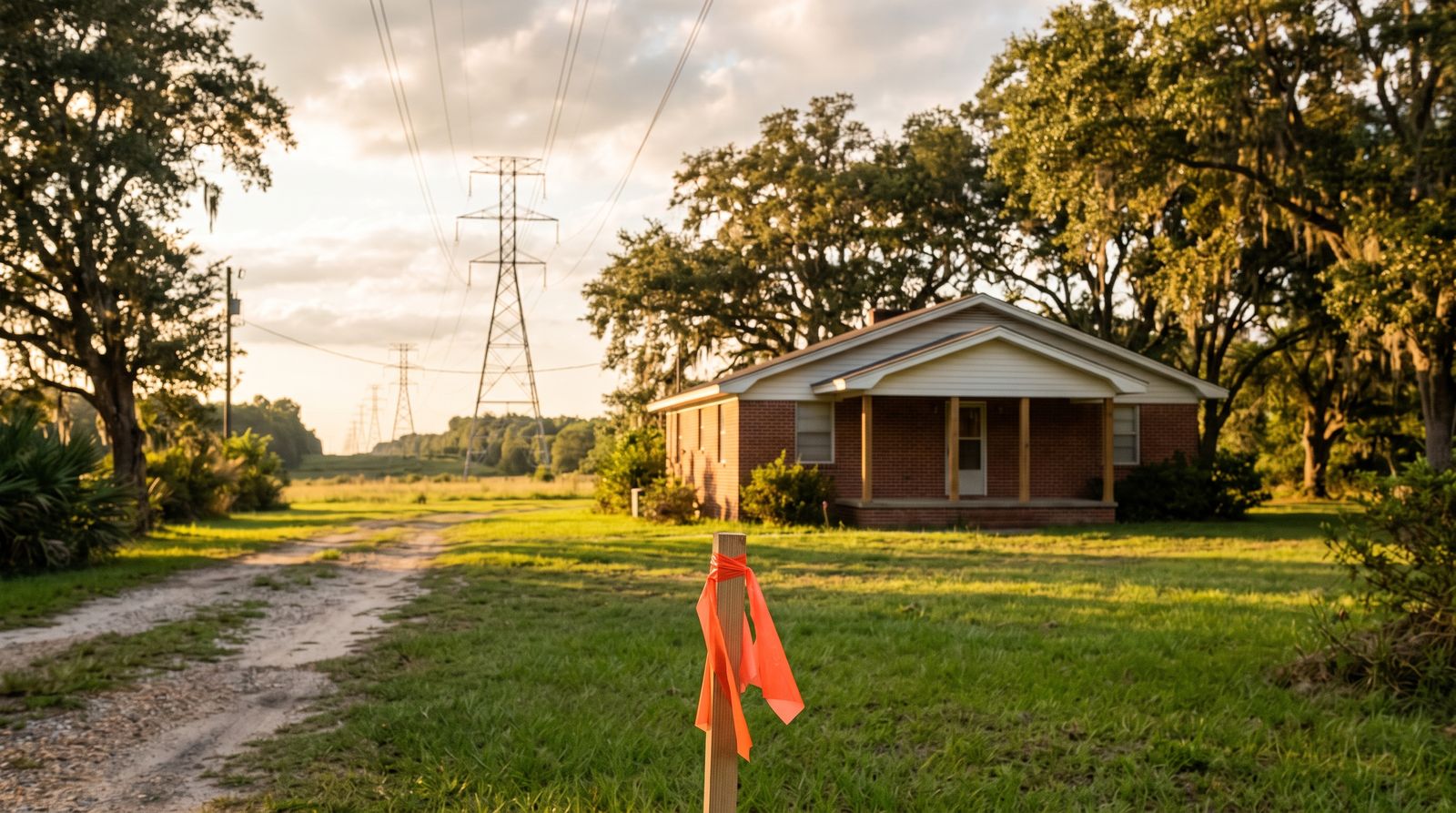 Survey marking flags in the front yard of a rural house, with high-voltage transmission towers crossing the field behind it