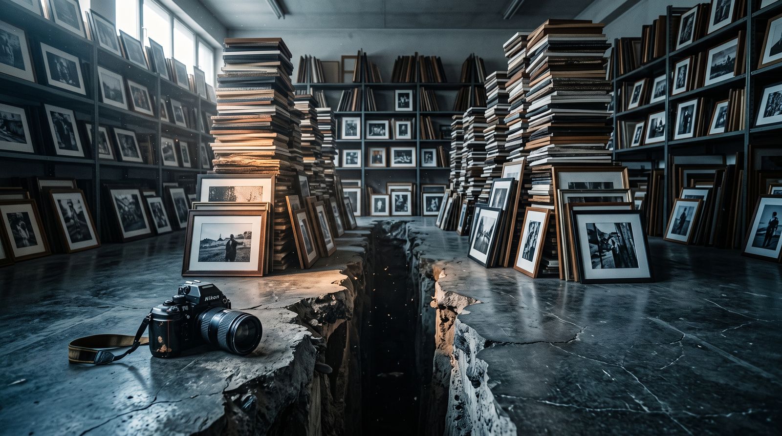Archive of framed photographs divided by a crack in the floor