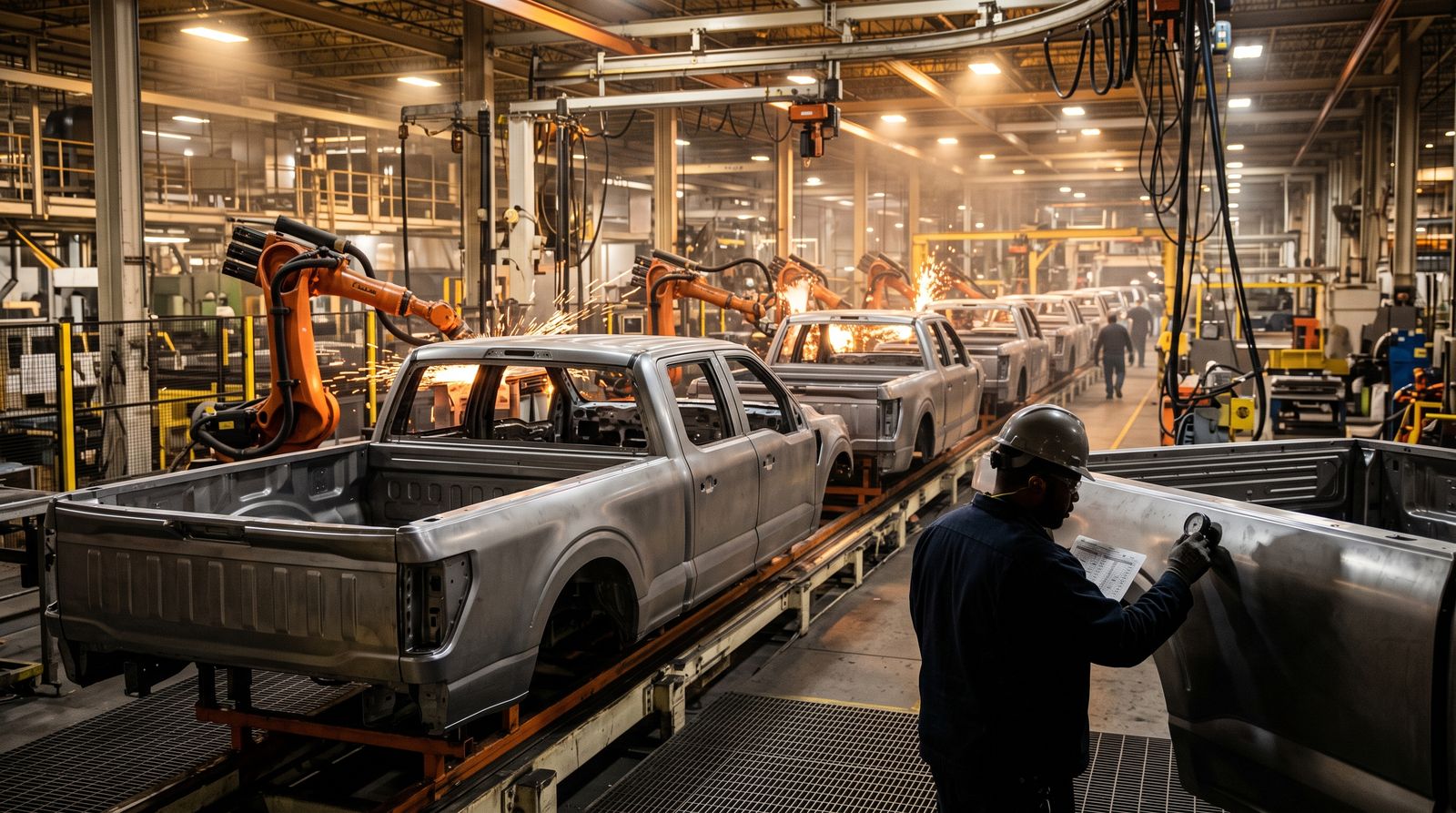 Pickup trucks on an automotive assembly line with robotic arms