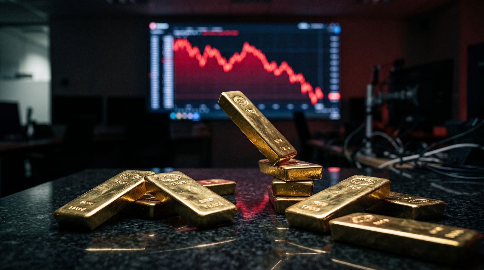 Toppled gold bars on a trading desk with a red declining chart glow behind