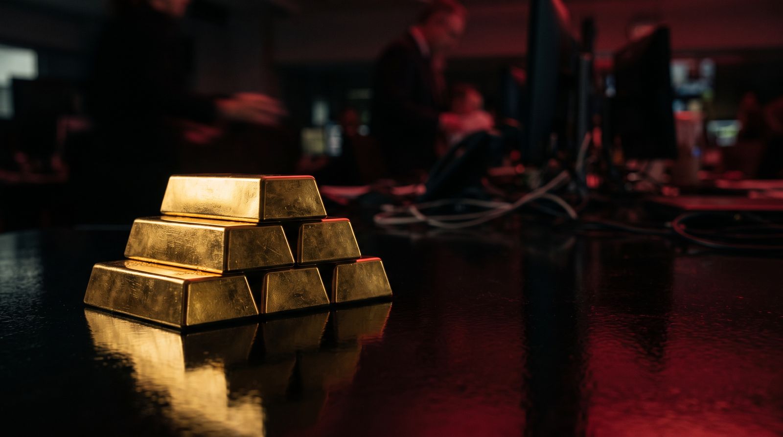 Gold bullion bars on a dark reflective surface under dramatic red-tinged lighting