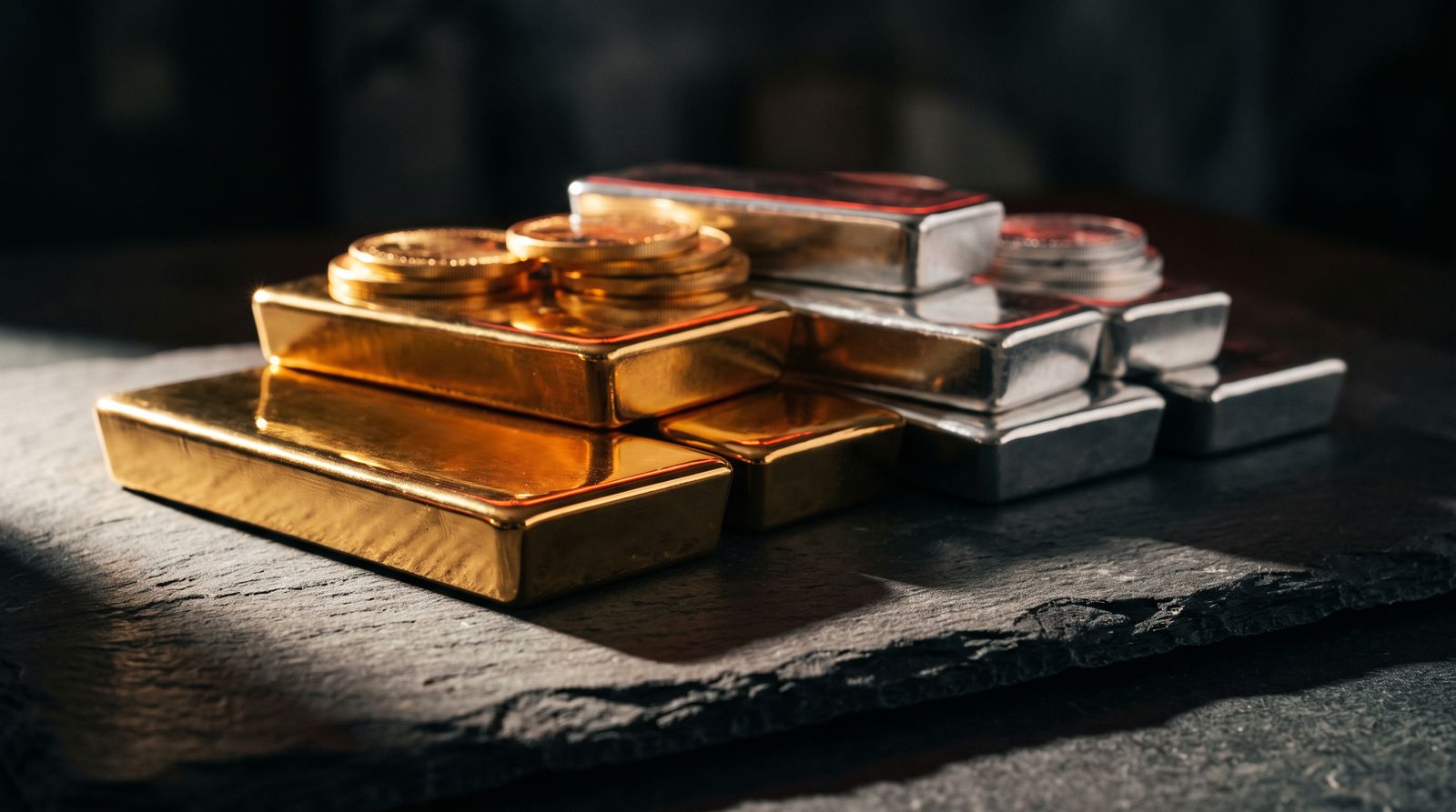 Gold and silver bullion bars lit by hard directional light on a dark slate surface
