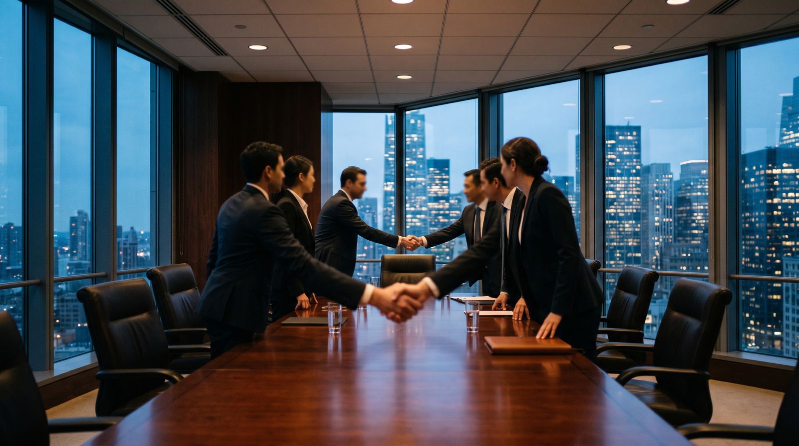 Two groups of businesspeople shake hands across a conference table in a glass-walled boardroom overlooking a city financial district at dusk