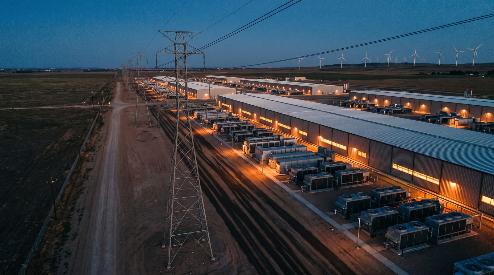 Aerial view of a massive data center campus at dusk with high-voltage power lines in the foreground