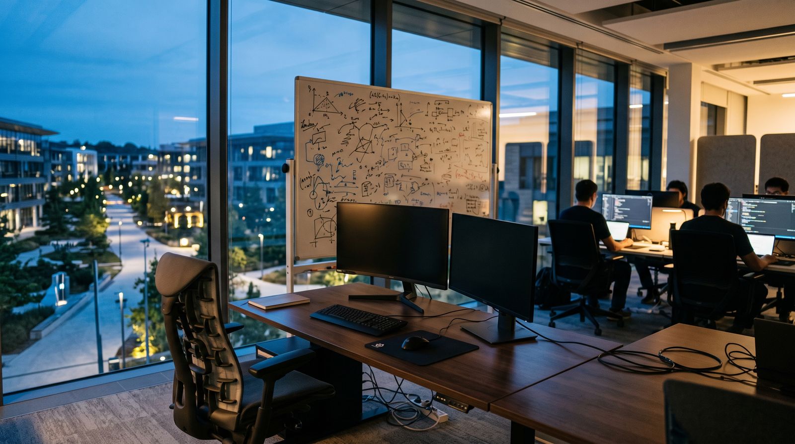 An empty desk and chair in a glass-walled AI research office at dusk, with colleagues still working in the background