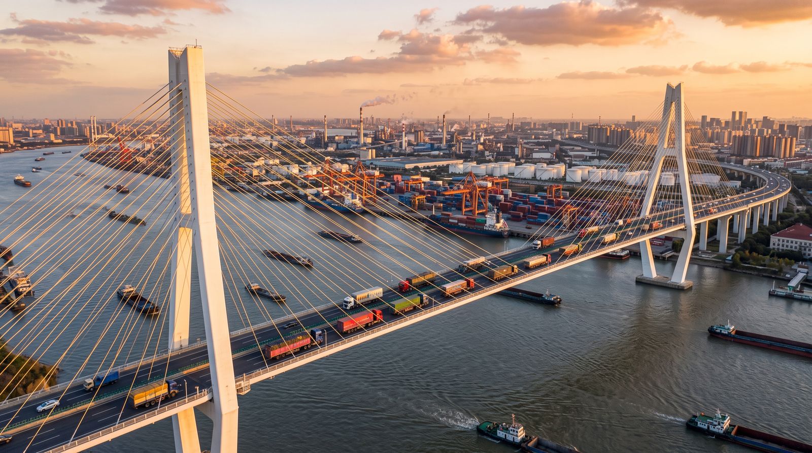 A modern cable-stayed international bridge spanning a wide river at dusk with freight trucks crossing the deck