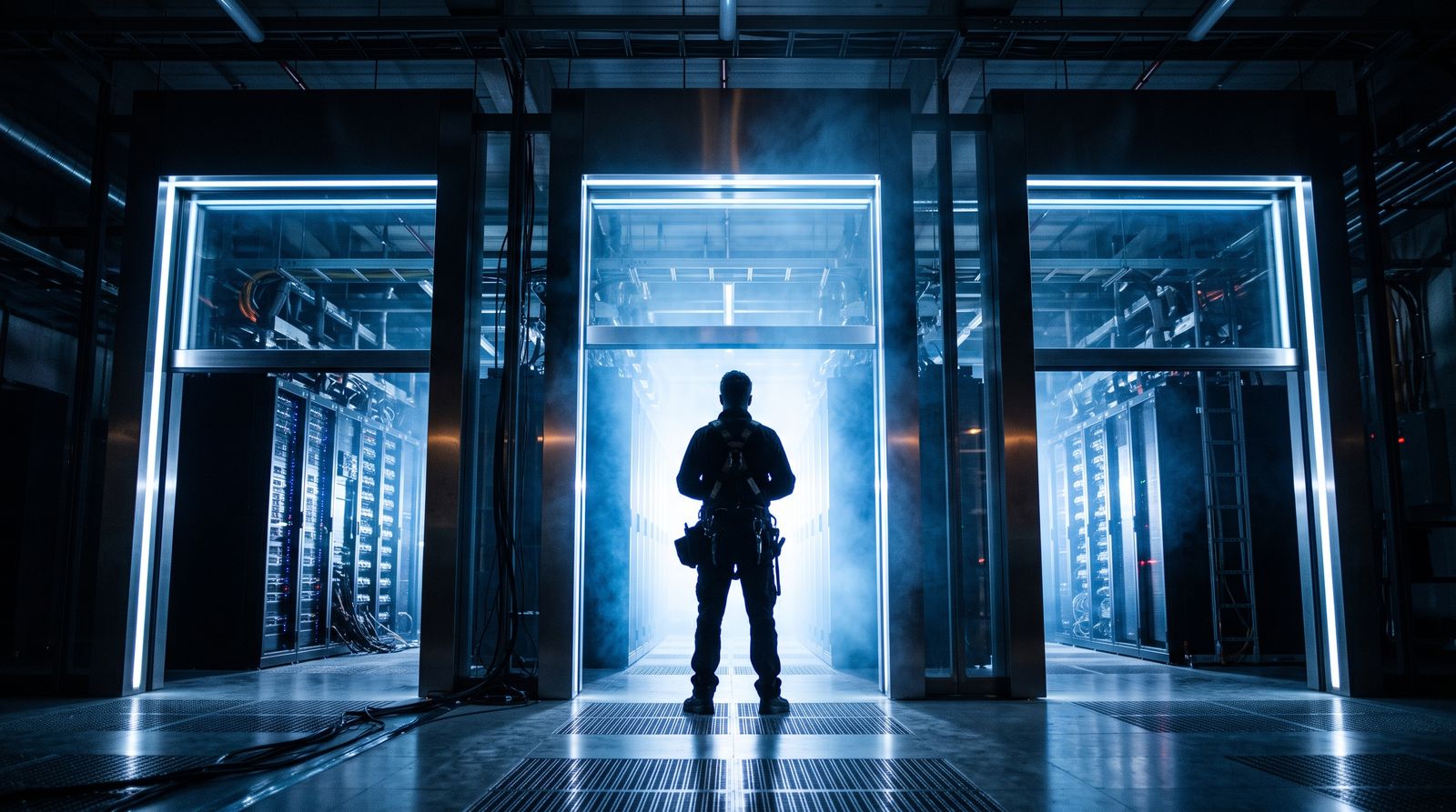 Three tall illuminated gateways lifting open in a row inside a dark data center, blue-white light spilling from banks of servers, an anonymous engineer in silhouette before the middle gate