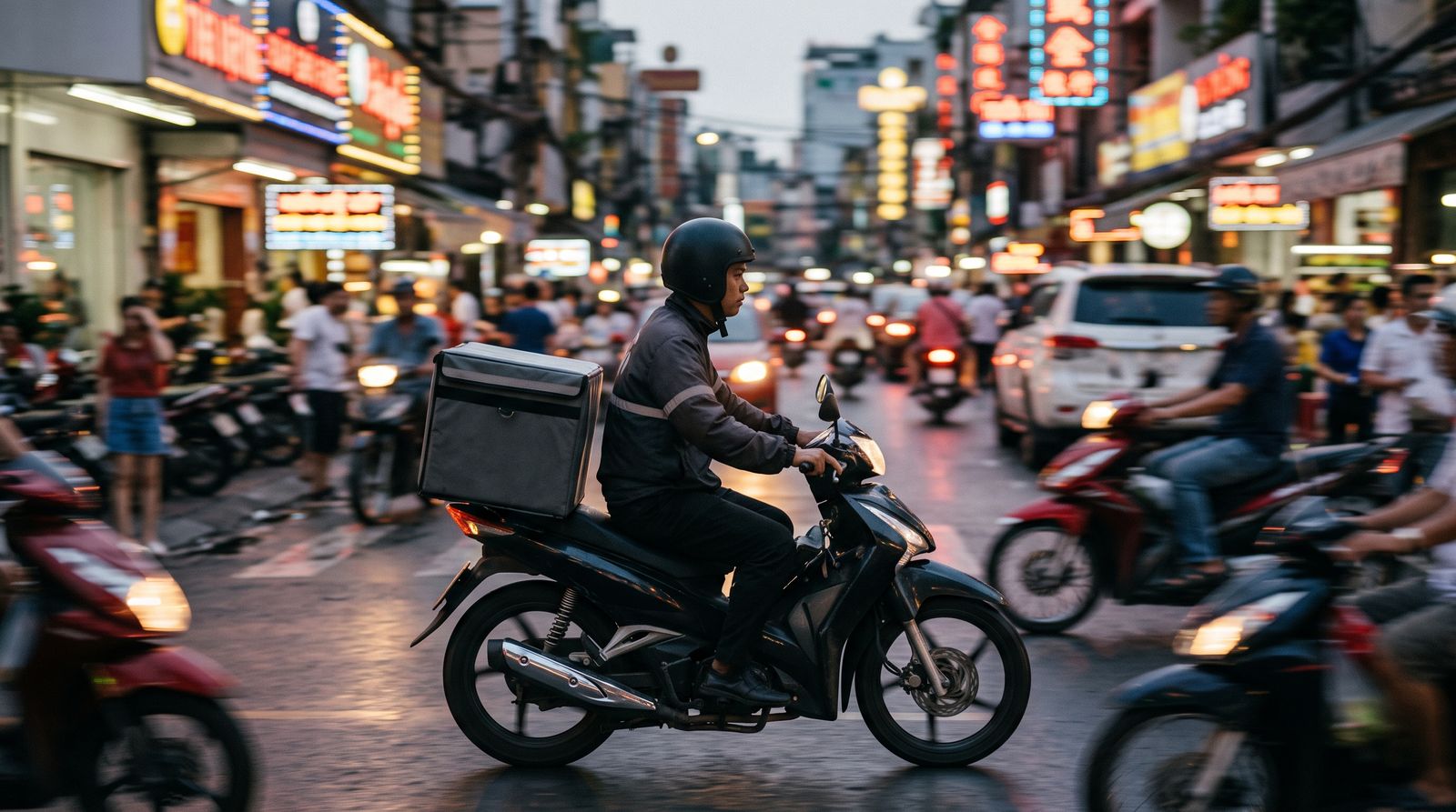 A food-delivery courier on a motorbike rides through a neon-lit city street at dusk with motion-blurred traffic