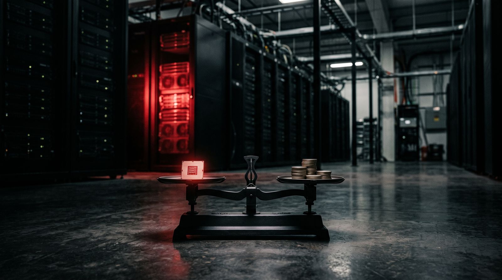 A balance scale weighing a glowing AI microchip against a stack of coins in a dark red-lit data center.