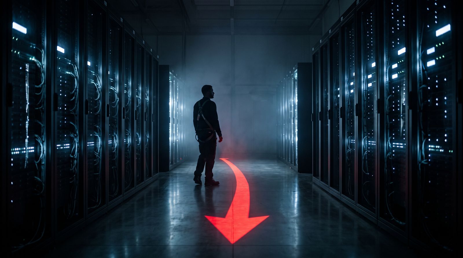 Two rows of glowing server racks in a dark data center with a red downward arrow of light on the floor between them and a lone engineer in silhouette