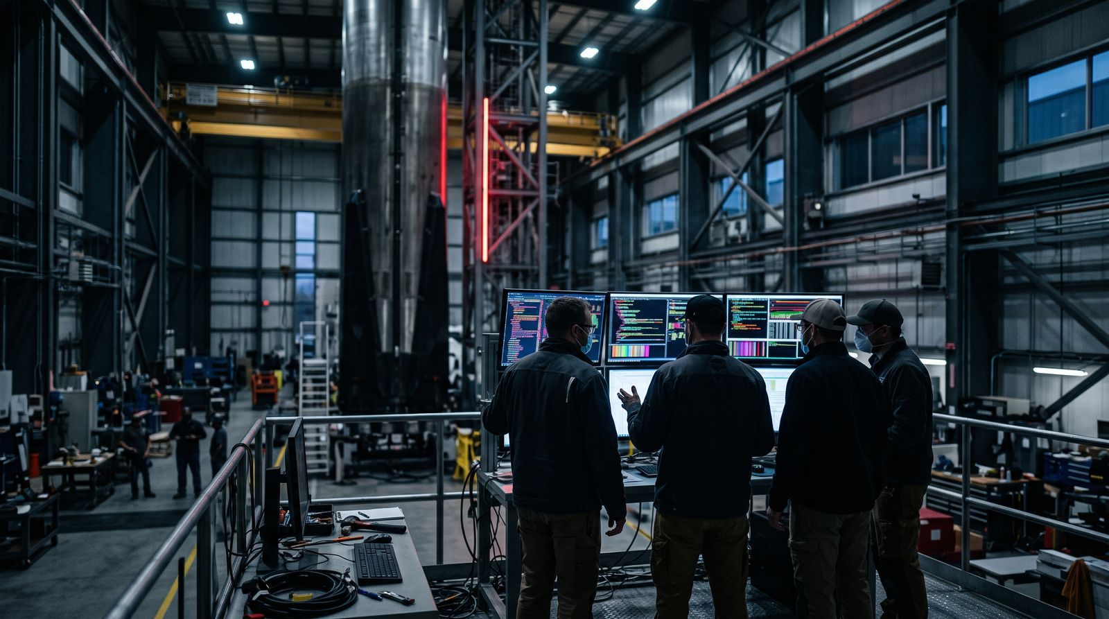 Engineers at a glowing workstation inside a rocket assembly facility