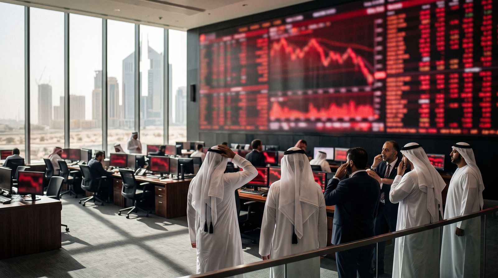 Traders in a Gulf exchange hall watch red market screens