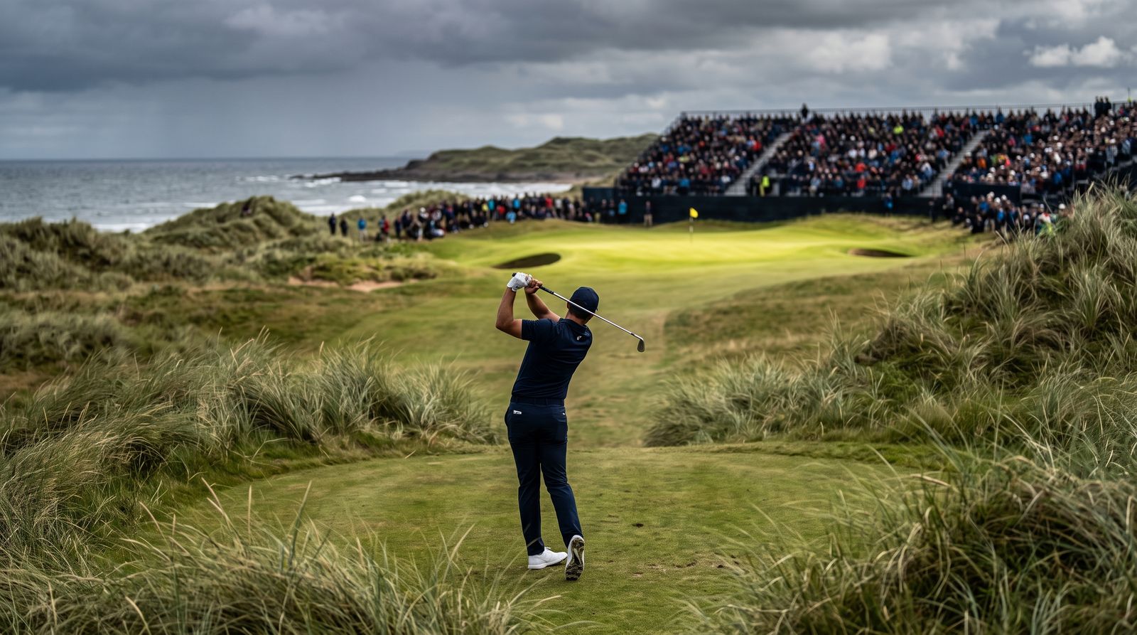 Golfer follows through on a links fairway with dunes and a distant gallery under an overcast sky