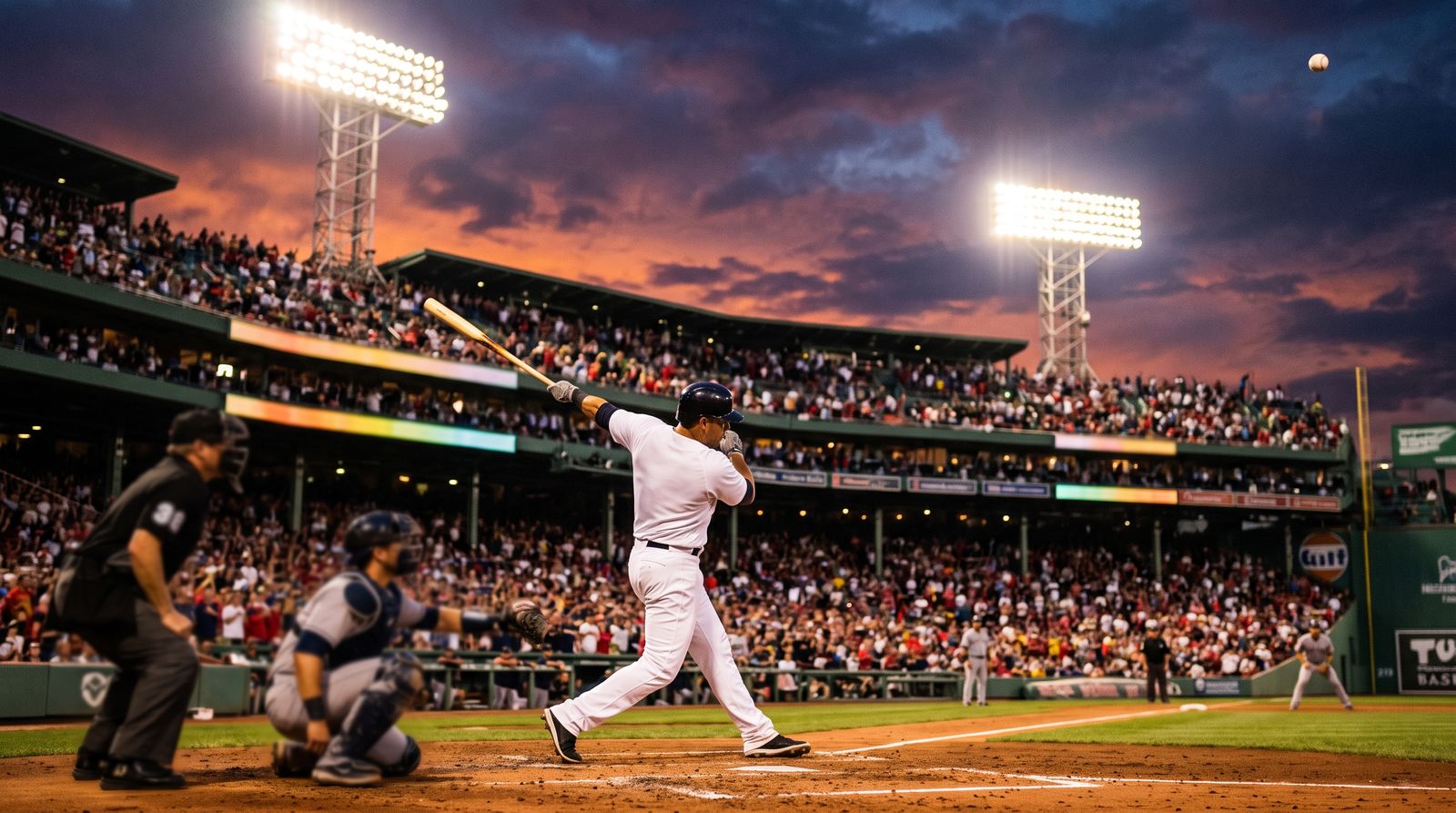 A batter mid-swing sends a baseball high into a twilight sky above a floodlit, packed stadium