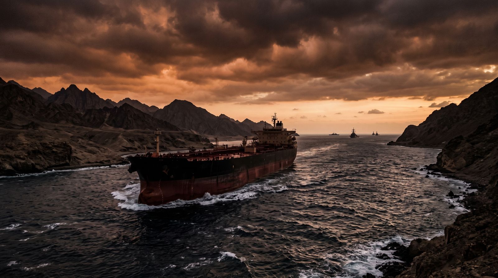 An oil tanker transiting a narrow strait at dusk with naval silhouettes on the horizon