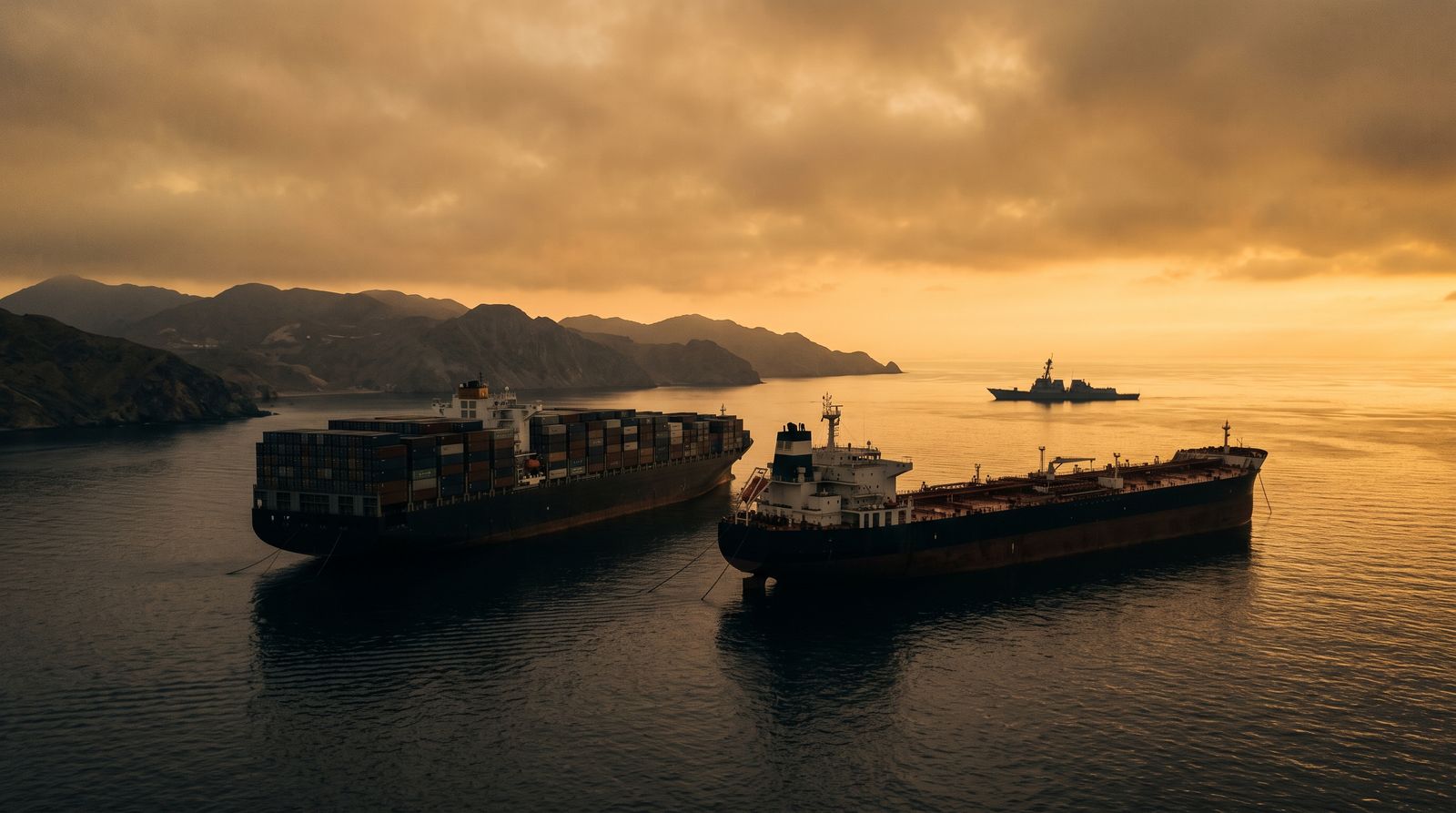 Container ship and tanker waiting in a strait at dusk with a warship on the horizon
